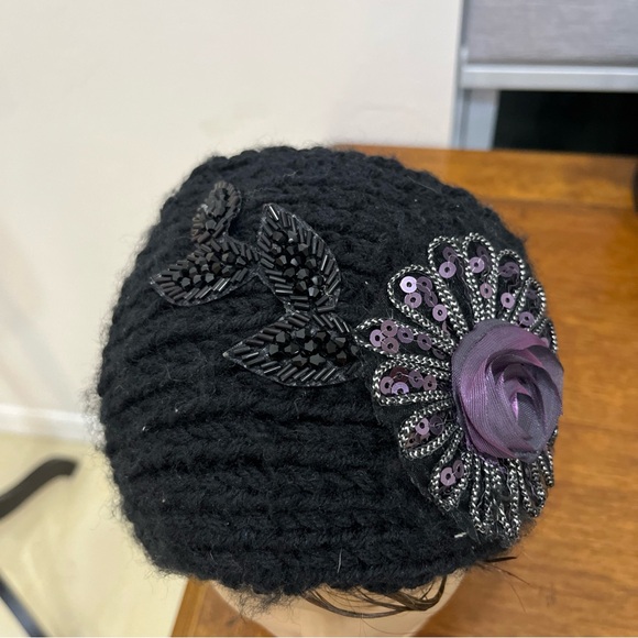 Black soft flower ear warmer muff knit head wrap hat ski headband crochet - Picture 2 of 5